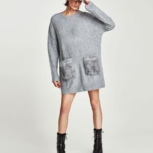 Zara Gray Knit Sweater Dress with Faux Fur Pockets Size Medium